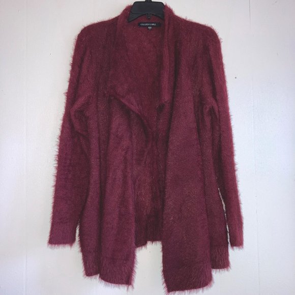 Colleen Lopez Sweaters - Colleen Lopez Sweater Open Front Cardigan Waterfall Maroon Fuzzy Faux Mo…
